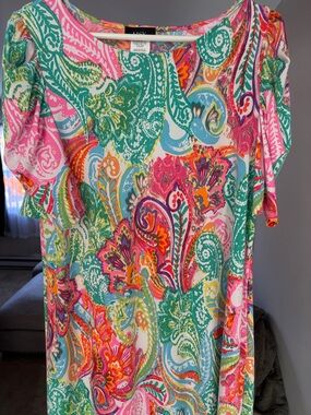 MSK Multicolor Paisley Asymmetrical Tunic — Pink, Green & Aqua